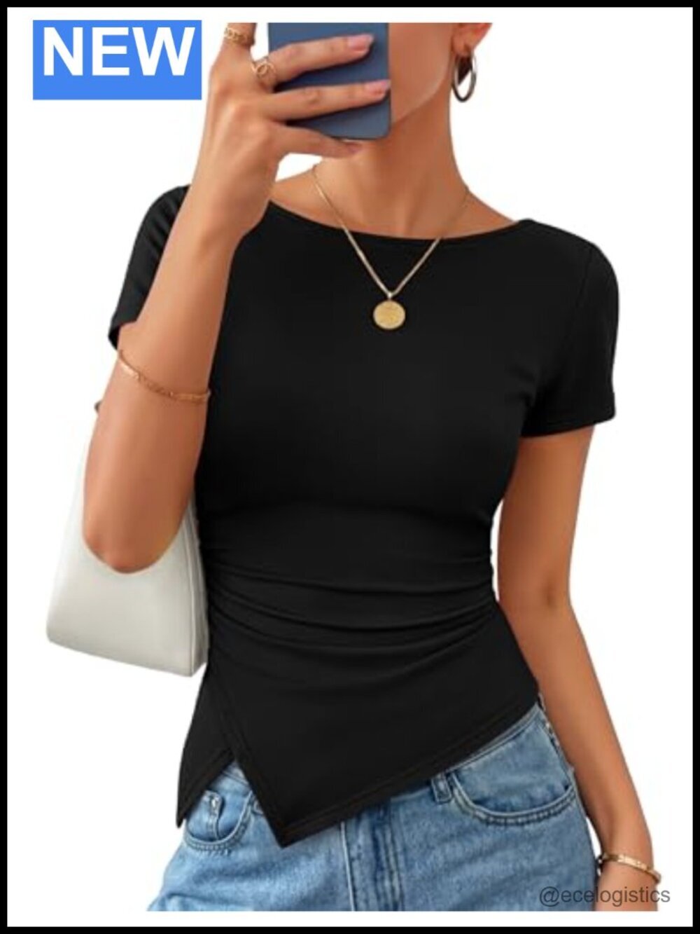 Asymmetrical Ruched Boat Neck Short Sleeve Fitted Top
